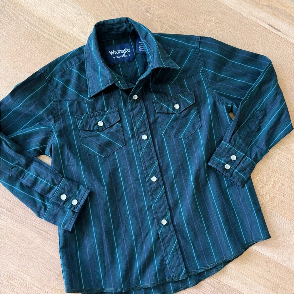Wrangler Kids Teal and Navy Striped Button Down Long Sleeve Shirt Snaps Size 5/6